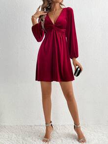 女士扭結氣球袖連衣裙 - 酒紅色 - 查看 5