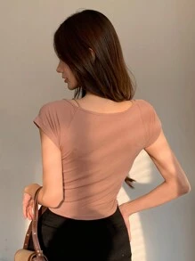 DAZY Solid Color Ribbed Knit T-Shirt - Pink - View 2