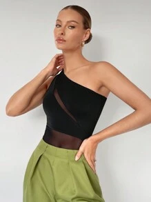 Maija Women's Mesh Splice Asymmetric Collar Bodysuit
