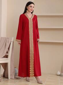 Al Najma V-Neck Embroidered Ruffle Sleeve Dress, Modest Kaftan - Red - View 4