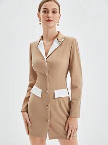 BizChic 女款撞色翻領連身裙 - 卡其色 - 查看 8