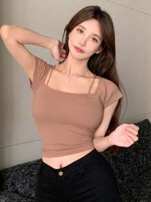 DAZY Solid Color Ribbed Knit T-Shirt - Pink - View 5