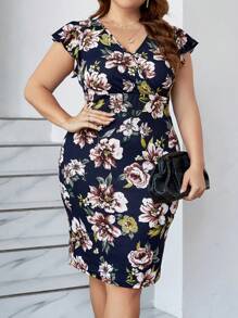 SHEIN Clasi Vestido De Talla Grande Con Mangas Fruncidas Y Estampado Floral, Vestido Bodycon - Multicolor - Ver 4