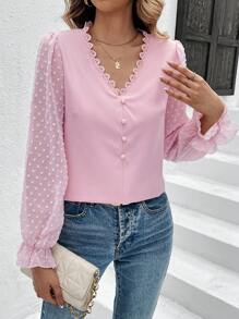 SHEIN Frenchy Blusa De Manga Con Volantes Y Encaje Insertado - Rosa - Ver 3