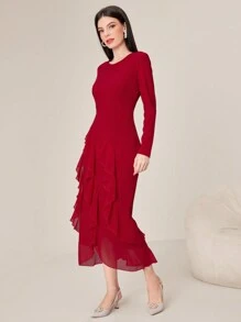 Modelyn Round Neck Long Sleeve Ruffle Detail Dress - Red - View 3