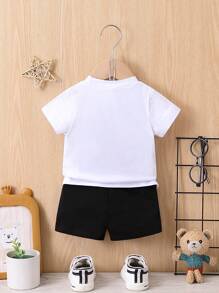 SHEIN 2 Piezas/set Conjunto De Camiseta Y Pantalones Cortos Casual Deportivo Para Bebé, Con Impresión De Letra Simple Y Estilo Urbano