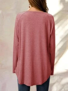 SHEIN LUNE Màu thuần Tay Raglan Áo thun - Hồng - Xem 2