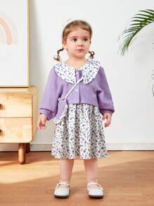 SHEIN Vestido Informal De Manga Larga Con Cuello Peter Pan Y Retazos Florales 2 En 1 De Corte Holgado Para Bebés Niñas Con Bolso