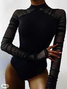 Slaydiva Áo liền thân cổ đứng xếp ly phối lưới - màu đen - Xem 9