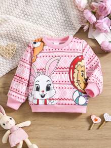 嬰兒女童卡通印花圓領長袖運動衫 - 粉色 - 查看 1