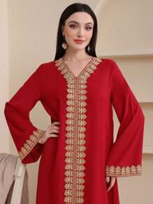 Al Najma V-Neck Embroidered Ruffle Sleeve Dress, Modest Kaftan - Red - View 6