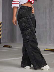 SHEIN ICON Cargo Wide Leg Jeans - Dark Grey - View 2