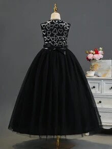 女孩閃亮網紗心形亮片連衣裙,適合演出、婚禮、晚會、生日等場合 - 黑色 - 查看 2