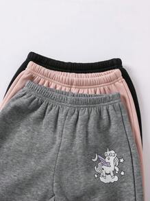 SHEIN Young Girl 3pcs Adorable Pony Printed Cozy Warm Fleece High-Waisted Thick Sweatpants For Fall And Winter - Multicolor - View 4