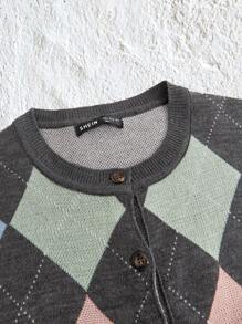 SHEIN EZwear Argyle Pattern Button Front Cardigan - Multicolor - View 3