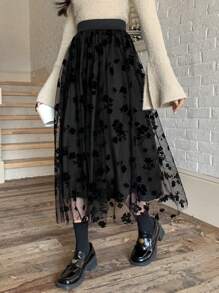 DAZY 短毛絨網片拼接百褶裙 - 黑色 - 查看 3