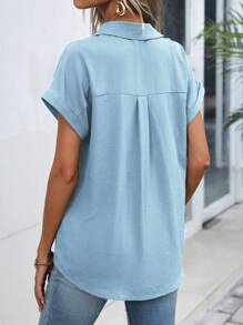 SHEIN LUNE Solid Color Button Front Batwing Sleeve Shirt - Baby Blue - View 2