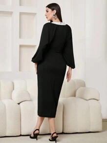 Modelyn Lantern Sleeve Buttoned Bodycon Dress Long Evening Dresses - Black - View 2