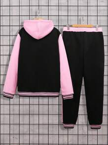 Baby Girls' Hooded Jacket And Pants Set With Letter Print And Colorblocking - Multicolor - View 8