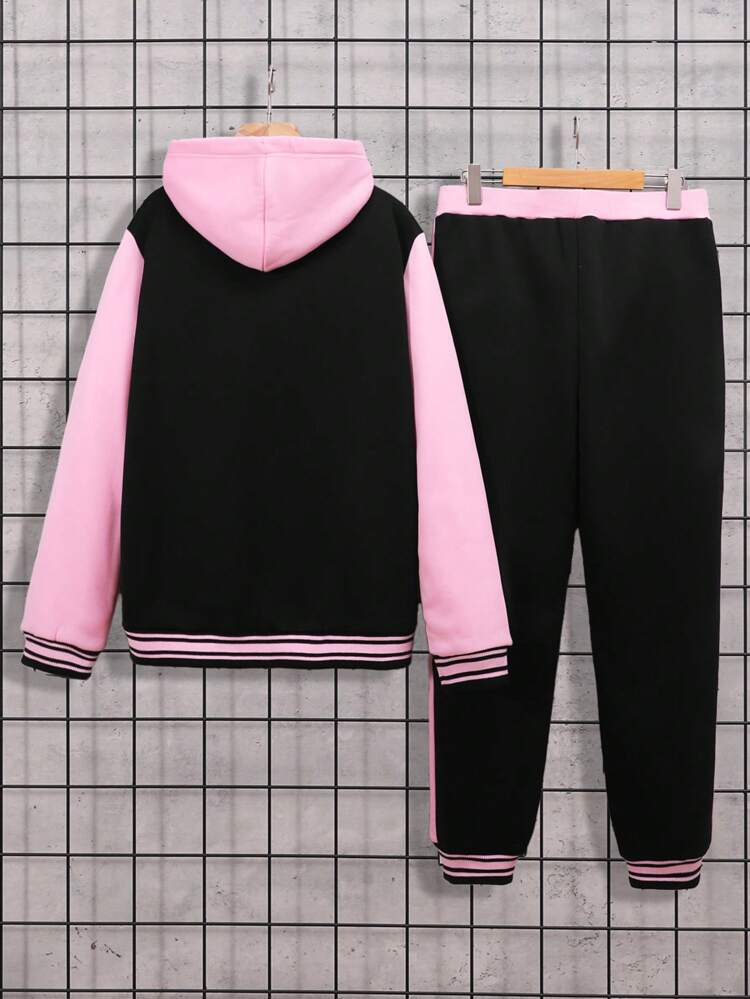 Baby Girls' Hooded Jacket And Pants Set With Letter Print And Colorblocking
