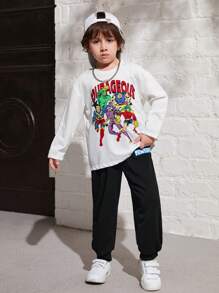 SHEIN Kleine Jungen Lässig set aus Langarm Top mit Cartoon Muster und einfarbiger Hose, Fleece, verdickt - Weiss - Übersicht 3