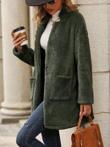 SHEIN Clasi Dual Pocket Drop Shoulder Teddy Coat - Army Green - View 6