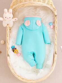 寶寶女孩毛絨兔耳帽釦扣長袖連體衣,秋冬季節適用