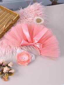 新生兒寶寶女嬰2入組粉色網紗芭蕾裙和頭帶攝影套裝,帶兔耳設計 - 藕粉色 - 查看 7