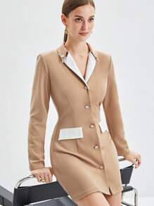 BizChic 女款撞色翻領連身裙 - 卡其色 - 查看 9