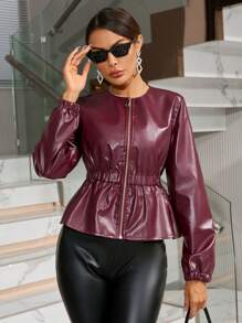 SHEIN Clasi Bell Sleeve Hem Pu Leather Jacket With Long Sleeves - Burgundy - View 4