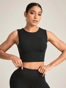 Easithlete Solid Color Slim Fit Crop Top Sports Top - Black - View 3