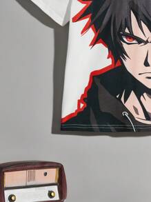 SHEIN 男童休閒對比色帽短袖針織t恤,印有卡通圖案,附帽子 - 彩色 - 查看 5