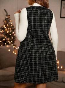 SHEIN Clasi 女款大尺寸格紋印花洋扣連身裙 - 黑與白 - 查看 2