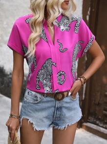 SHEIN LUNE Blusa con escote con muesca con estampado de leopardo, blusas de manga corta