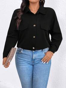 SHEIN LUNE Camisa De Talla Grande De Color Sólido Con Bolsillo De Imitación - Negro - Ver 1