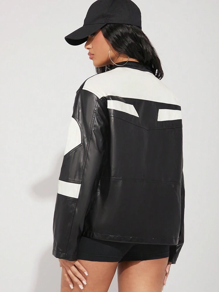 Letter Patch Colorblock PU Leather Long Sleeves Jacket