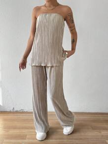 SHEIN Essnce 無肩帶短上衣和褲子套裝 - 卡其色 - 查看 1