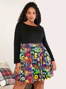 SHEIN CURVE+ Talla grande Vestido Navidad con estampado de dibujos animados - Multicolor - Ver 5