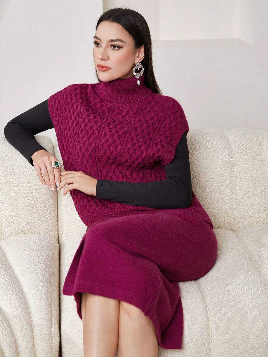 Modelyn Solid Turtleneck Sweater Vest And Knitted Skirt Two-Piece Set 2 Piece Set - Hot Pink - View 1