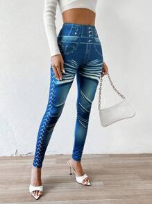 SHEIN Unity 女式牛仔效果打底褲 - 藍色 - 查看 7