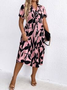 SHEIN LUNE 女士大尺碼全印花多層次下擺連身裙 - 粉色 - 查看 6