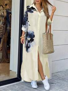 SHEIN LUNE Đầm Maxi Tay Dài In Hình Bướm Xanh Trắng Cho Nữ - Màu be - Xem 1