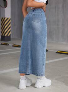 SHEIN ICON Denim High Slit Skirt With Frayed Hem - Medium Wash - View 2