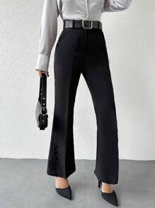 EURMUSE Flare Leg Suit Pants With Slant Pockets, Belt Not Included - Black - View 1