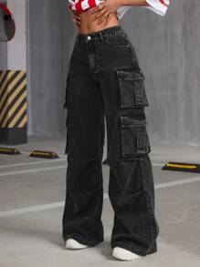 SHEIN ICON Cargo Wide Leg Jeans - Dark Grey - View 4
