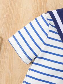 SHEIN Baby Boys' College Style Striped Short Sleeve Top With Sailor Collar - Multicolor - View 4