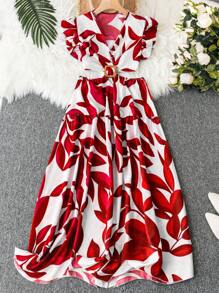 SHEIN Clasi Kích thước lớn In thực vật Đầm Với Cắt ra Eo Và Tay áo chân cừu - Đỏ - Xem 1