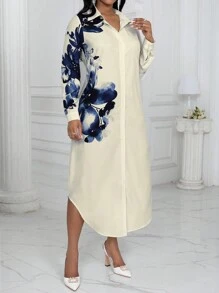 SHEIN LUNE Đầm Maxi Tay Dài In Hình Bướm Xanh Trắng Cho Nữ - Màu be - Xem 3