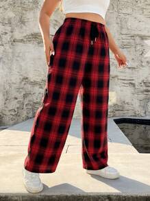 SHEIN EZwear Women'S Plus Size Wide-Leg Plaid Pants With Drawstring Waist - Multicolor - View 3