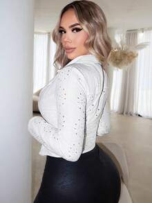 SHEIN SXY 春季女裝女款刺繡切割條紋純棉高腰長袖夾克 - 白色 - 查看 2